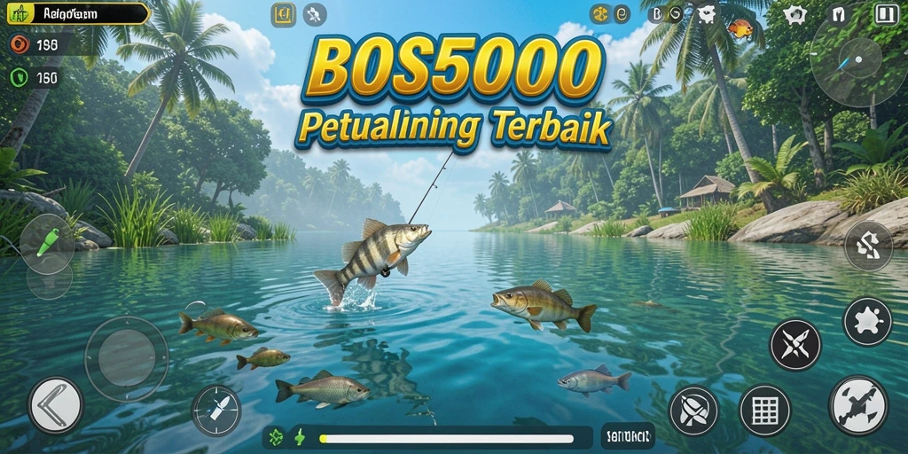 Screenshot utama BOS5000 menampilkan aksi memancing yang menegangkan.