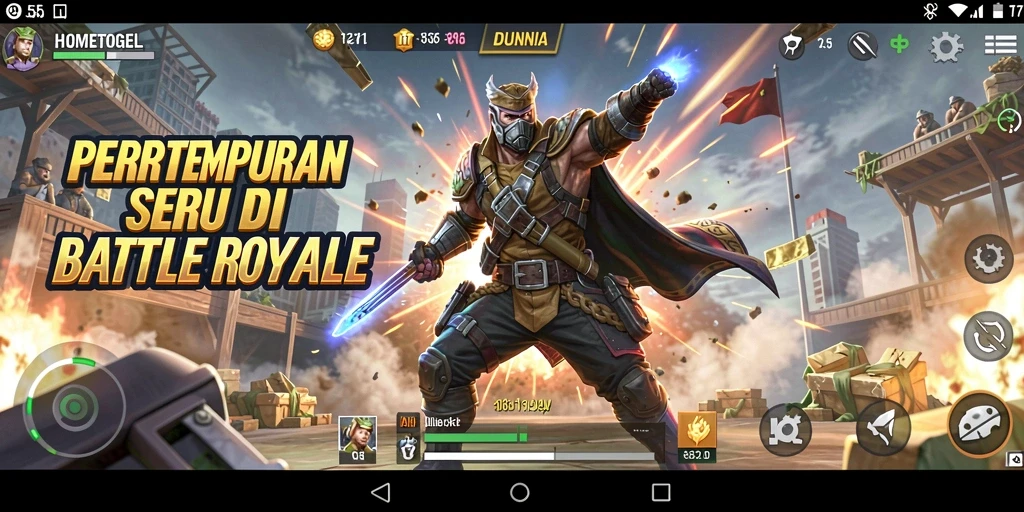 Gameplay seru HOMETOGEL dalam suasana pertarungan Battle Royale.