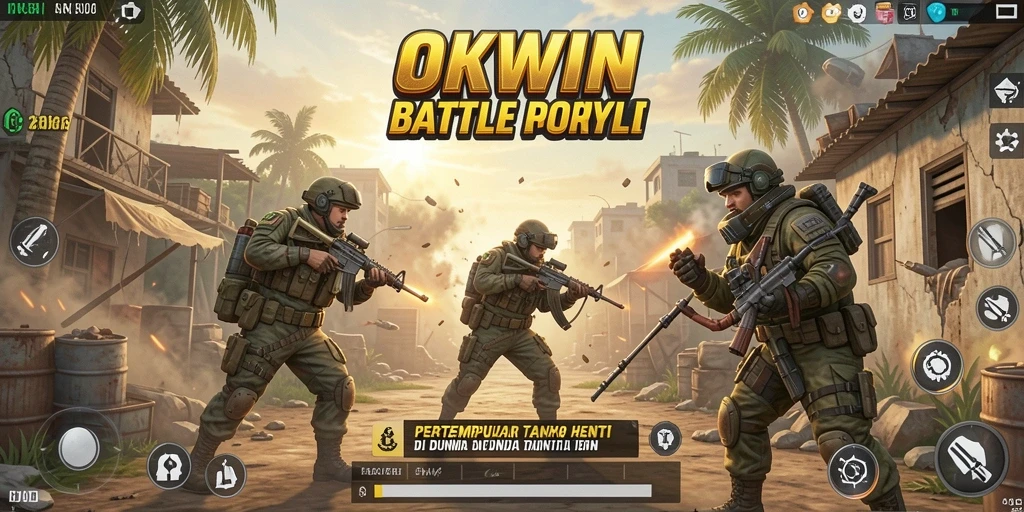 Tampilan utama gameplay OKWIN yang penuh aksi di arena Battle Royale.